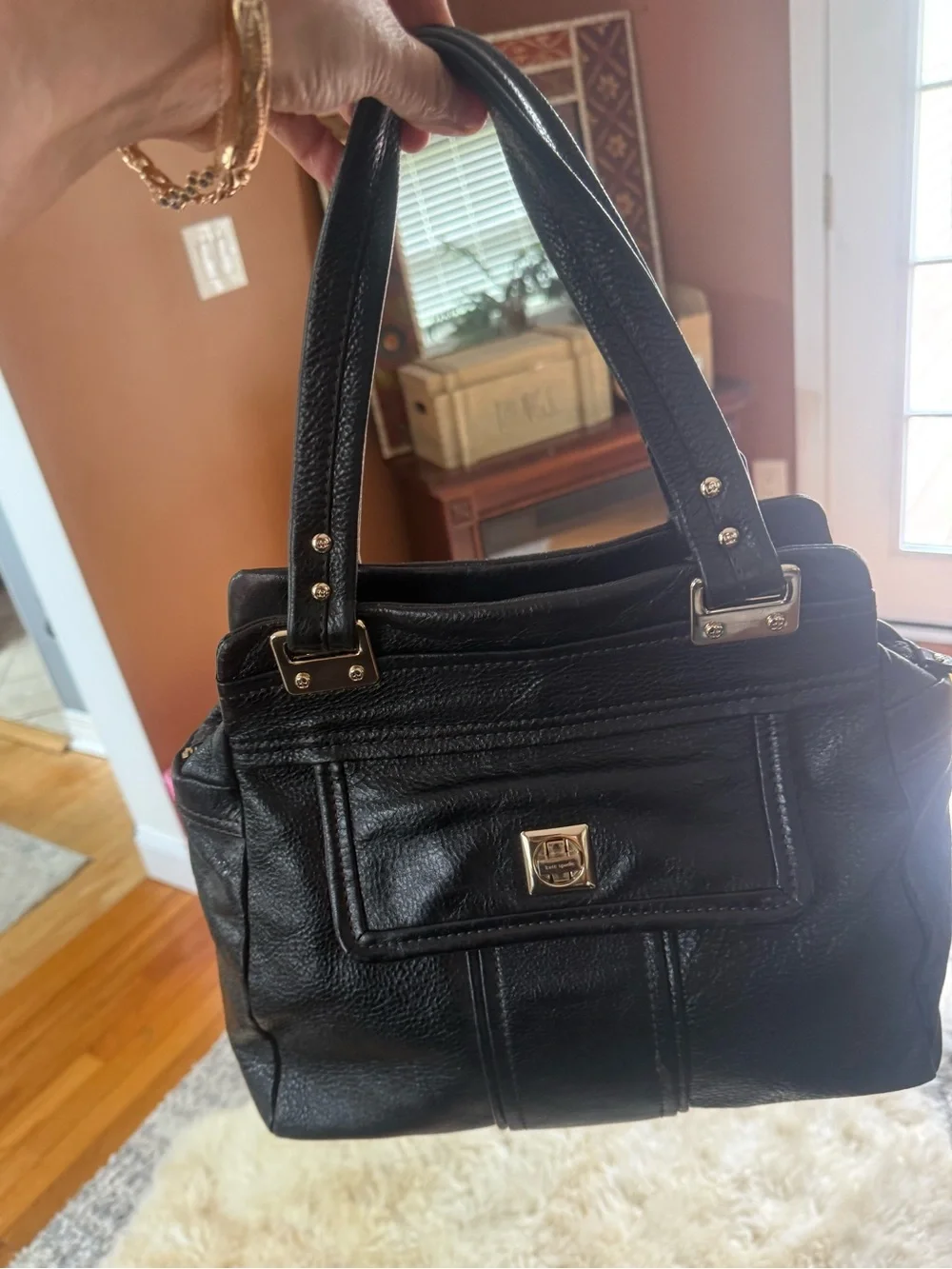 Classic Kate Spade Black Leather Satchel Handbag with Gold Hardware